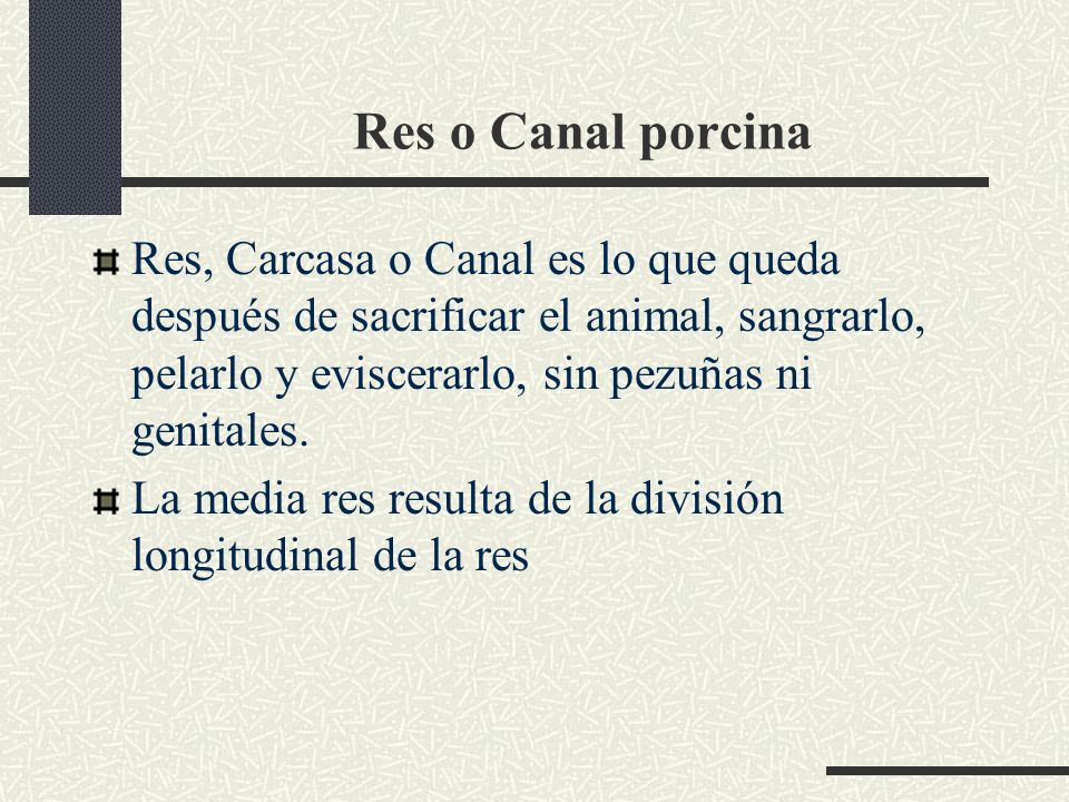 Res o Canal porcina Res, Carcasa o Canal es lo que queda después de sacrificar el animal, sangrarlo, pelarlo y eviscerarlo, sin pezuñas ni genitales.