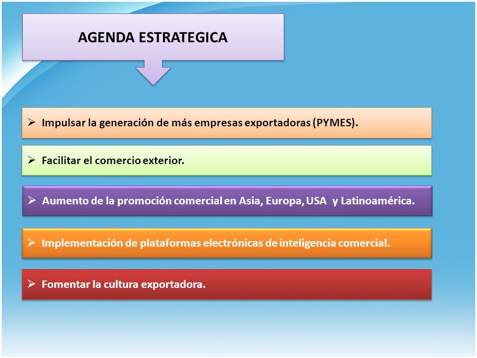 AGENDA ESTRATEGICA Impulsar la generación de más empresas exportadoras (PYMES). Facilitar el comercio exterior.