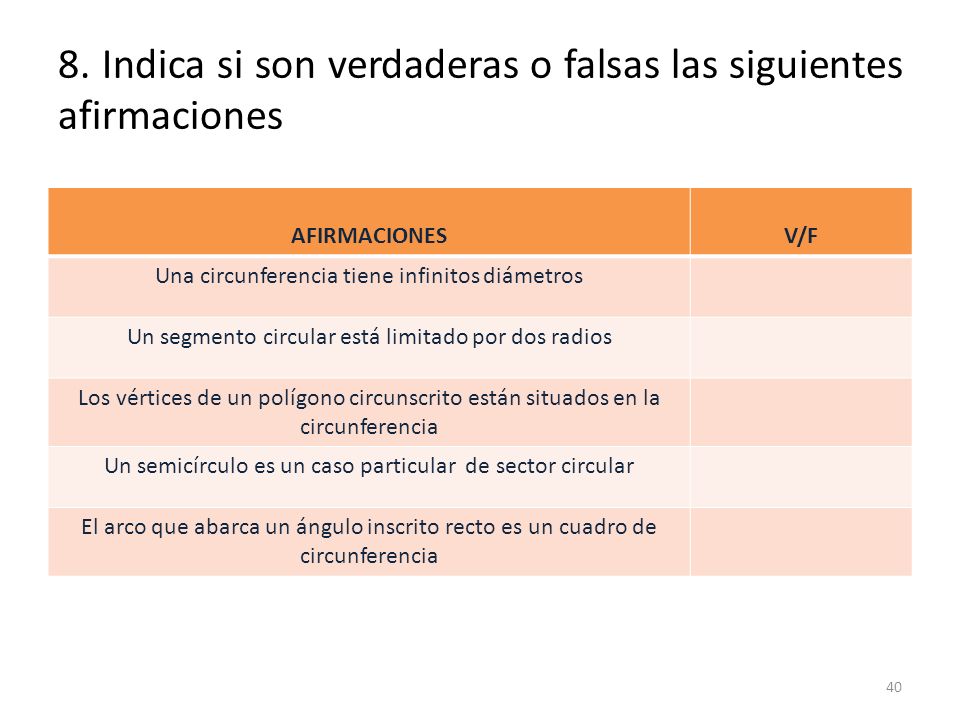 8. Indica si son verdaderas o falsas las siguientes afirmaciones