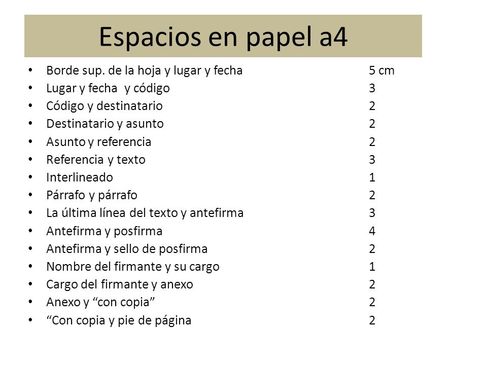 Espacios en papel a4 Borde sup. de la hoja y lugar y fecha 5 cm