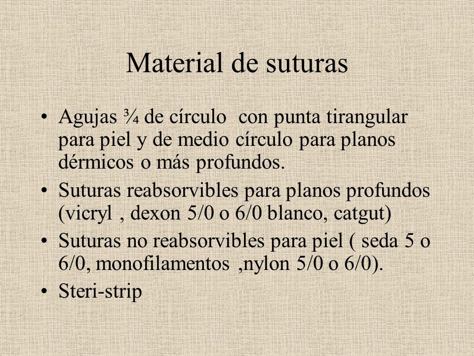 Material de suturas Agujas ¾ de círculo con punta tirangular para piel y de medio círculo para planos dérmicos o más profundos.
