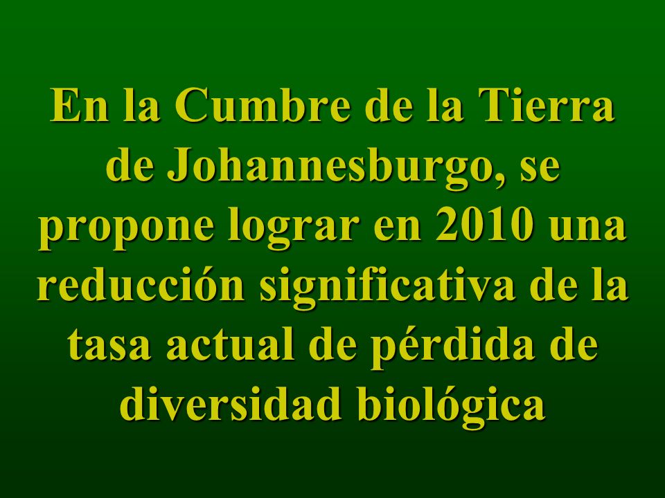 En la Cumbre de la Tierra de Johannesburgo, se propone lograr en 2010 una reducción significativa de la tasa actual de pérdida de diversidad biológica