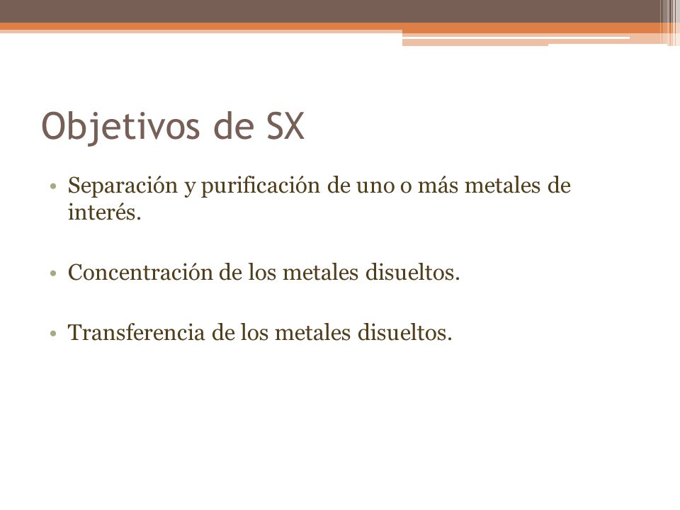 Objetivos de SX Separación y purificación de uno o más metales de interés. Concentración de los metales disueltos.
