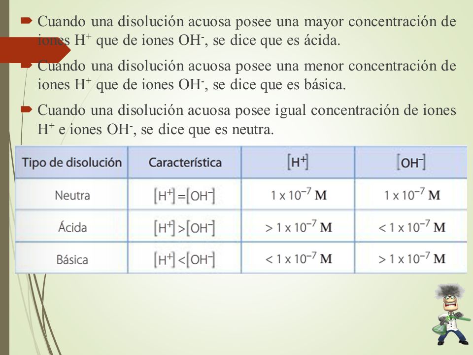 Cuando una disolución acuosa posee una mayor concentración de iones H+ que de iones OH-, se dice que es ácida.