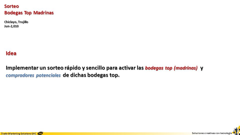 Sorteo Bodegas Top Madrinas. Chiclayo, Trujillo. Jun-2,010. Idea.