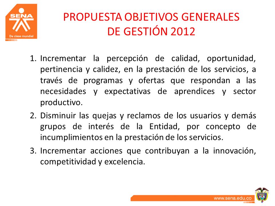 PROPUESTA OBJETIVOS GENERALES DE GESTIÓN 2012