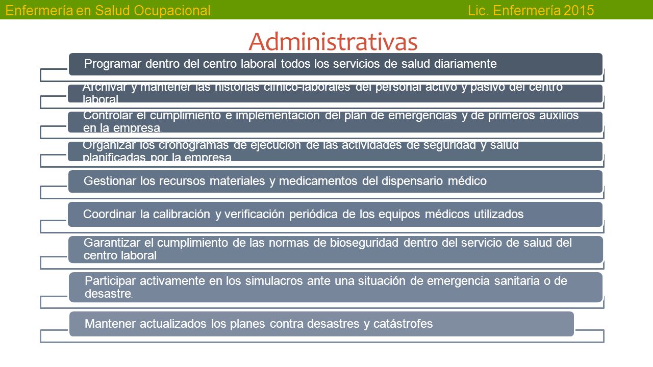 Administrativas Programar dentro del centro laboral todos los servicios de salud diariamente.