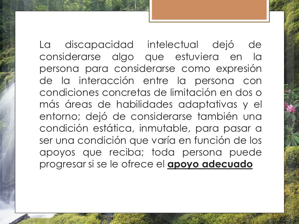 La discapacidad intelectual dejó de considerarse algo que estuviera en la persona para considerarse como expresión de la interacción entre la persona con condiciones concretas de limitación en dos o más áreas de habilidades adaptativas y el entorno; dejó de considerarse también una condición estática, inmutable, para pasar a ser una condición que varía en función de los apoyos que reciba; toda persona puede progresar si se le ofrece el apoyo adecuado