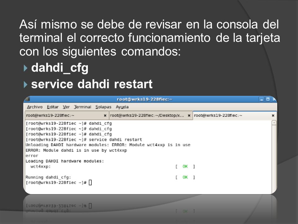Así mismo se debe de revisar en la consola del terminal el correcto funcionamiento de la tarjeta con los siguientes comandos: