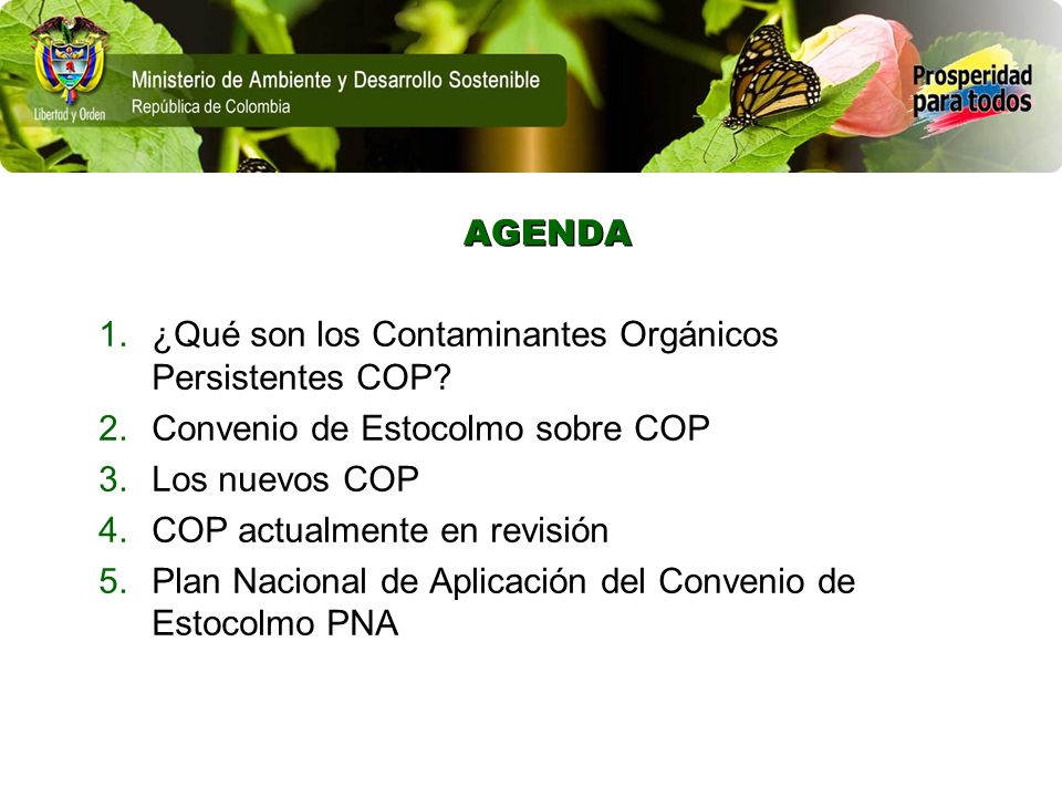 AGENDA ¿Qué son los Contaminantes Orgánicos Persistentes COP Convenio de Estocolmo sobre COP. Los nuevos COP.
