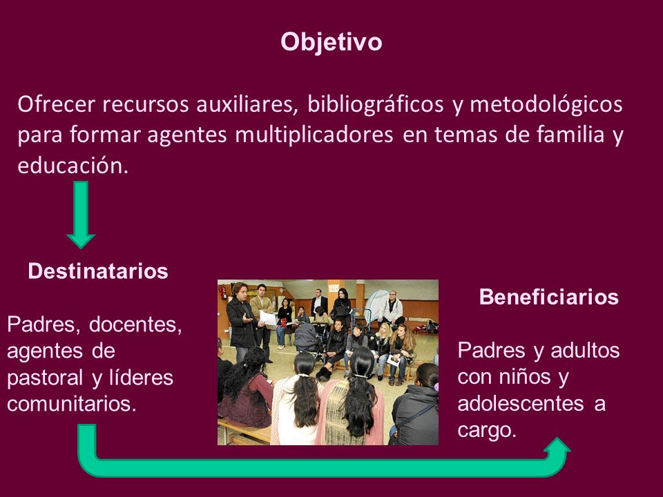 Objetivo Ofrecer recursos auxiliares, bibliográficos y metodológicos para formar agentes multiplicadores en temas de familia y educación.