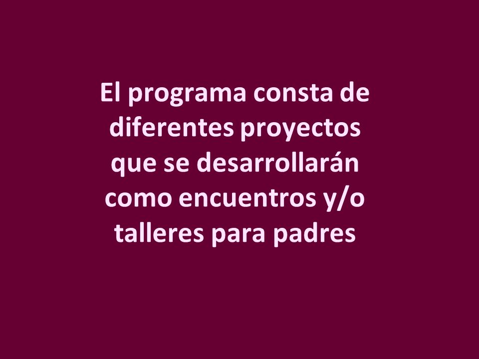 El programa consta de diferentes proyectos que se desarrollarán como encuentros y/o talleres para padres