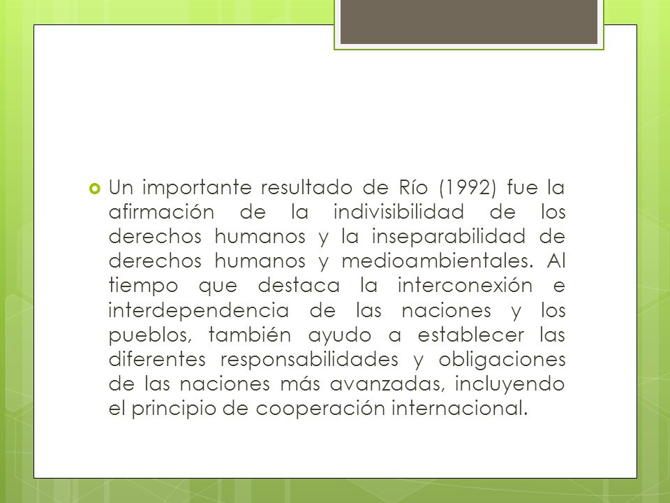Un importante resultado de Río (1992) fue la afirmación de la indivisibilidad de los derechos humanos y la inseparabilidad de derechos humanos y medioambientales.