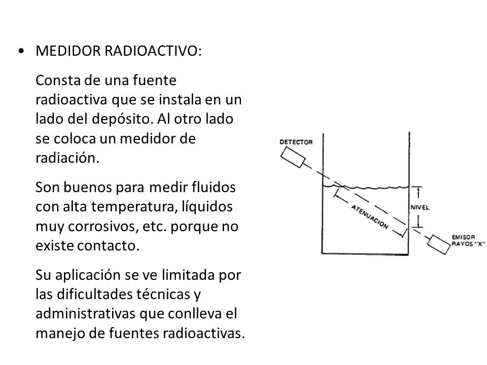 MEDIDOR RADIOACTIVO: Consta de una fuente radioactiva que se instala en un lado del depósito. Al otro lado se coloca un medidor de radiación.