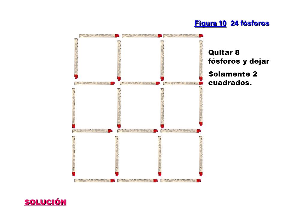 Figura fósforos Quitar 8 fósforos y dejar Solamente 2 cuadrados. SOLUCIÓN
