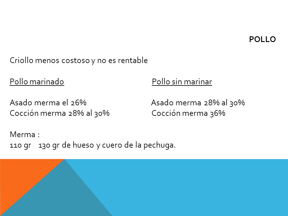 POLLO Criollo menos costoso y no es rentable. Pollo marinado Pollo sin marinar.