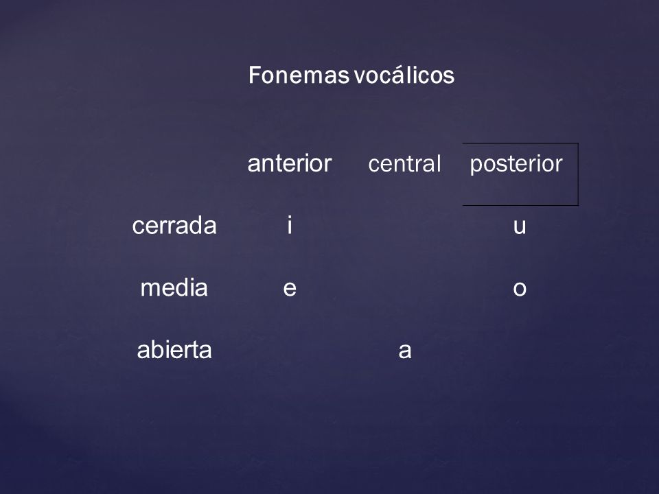 Fonemas vocálicos anterior central posterior cerrada i u media e o abierta a