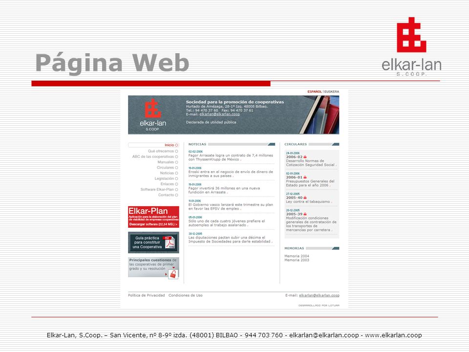 Página Web Elkar-Lan, S.Coop. – San Vicente, nº 8-9º izda.