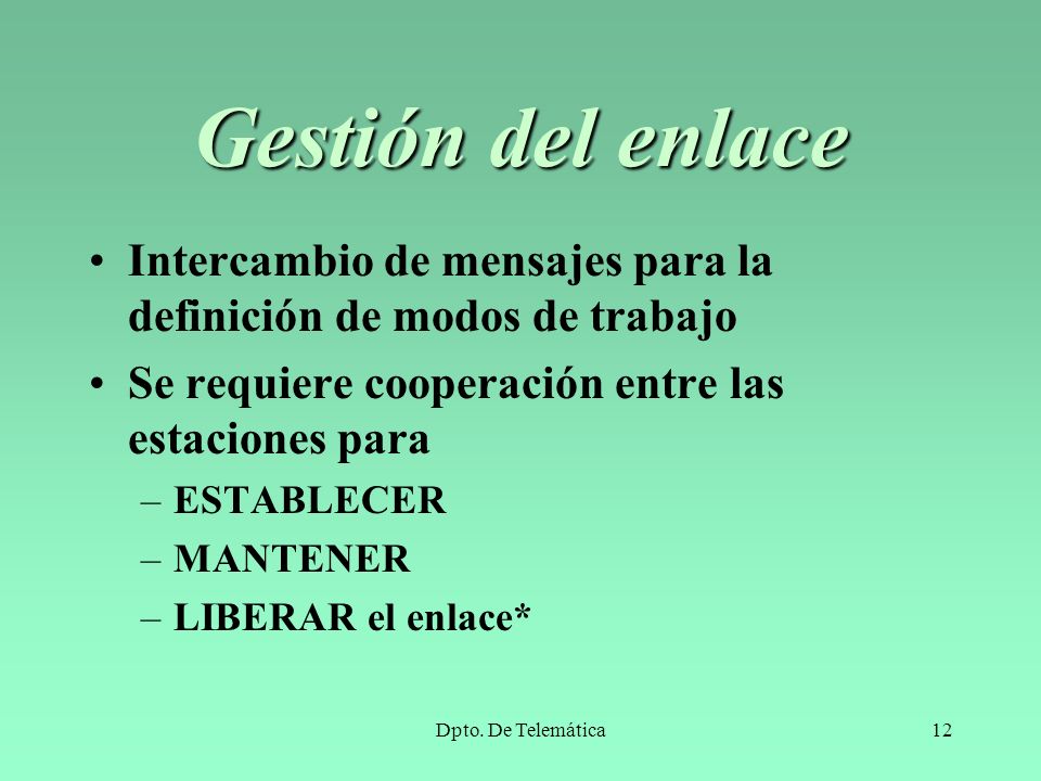 Gestión del enlace Intercambio de mensajes para la definición de modos de trabajo. Se requiere cooperación entre las estaciones para.