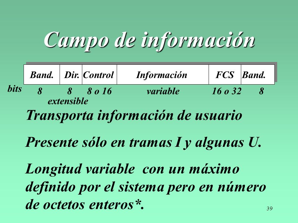 Campo de información Transporta información de usuario