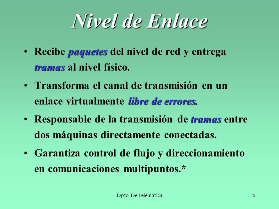 Nivel de Enlace Recibe paquetes del nivel de red y entrega tramas al nivel físico.