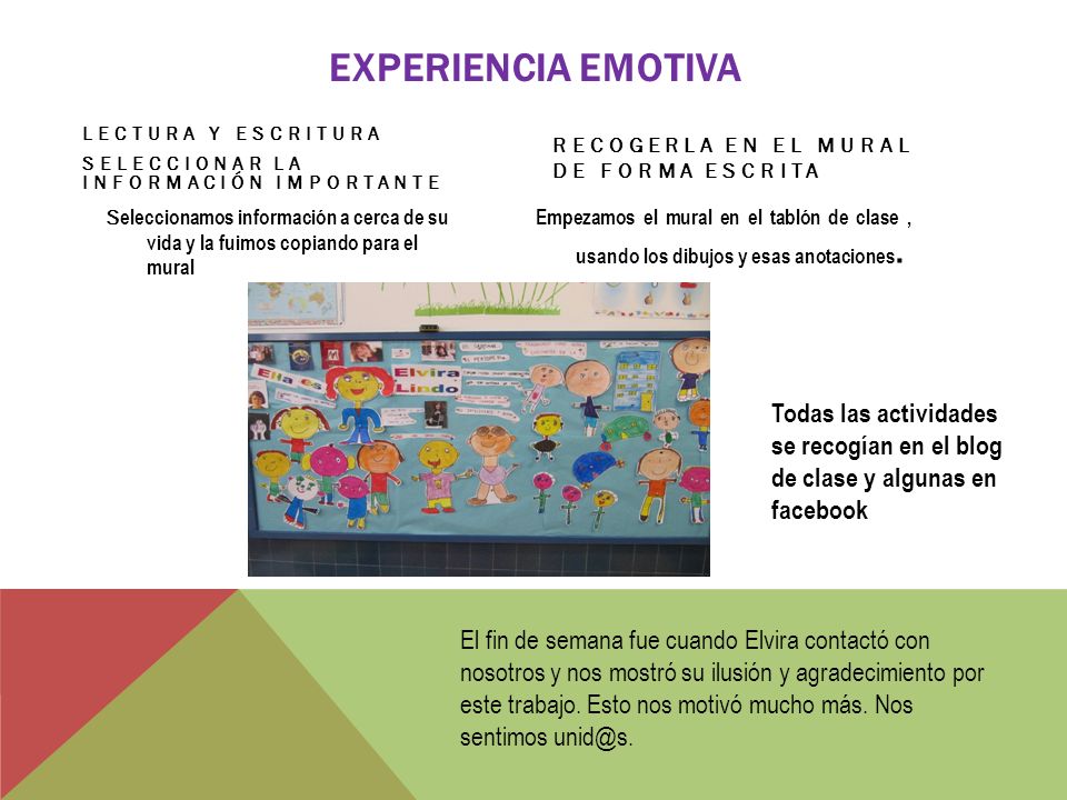Experiencia emotiva Lectura y escritura. Seleccionar la información importante. Recogerla en el mural DE FORMA ESCRITA.