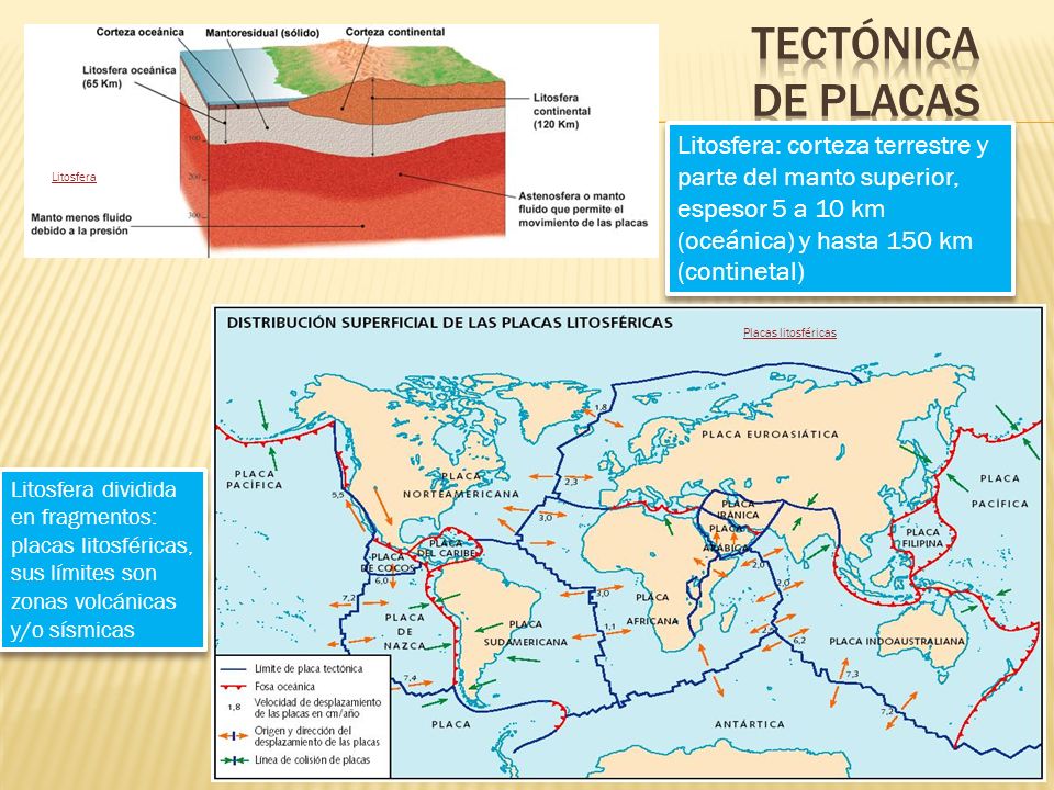 Litosfera Tectónica de placas. Litosfera: corteza terrestre y parte del manto superior, espesor 5 a 10 km (oceánica) y hasta 150 km (continetal)