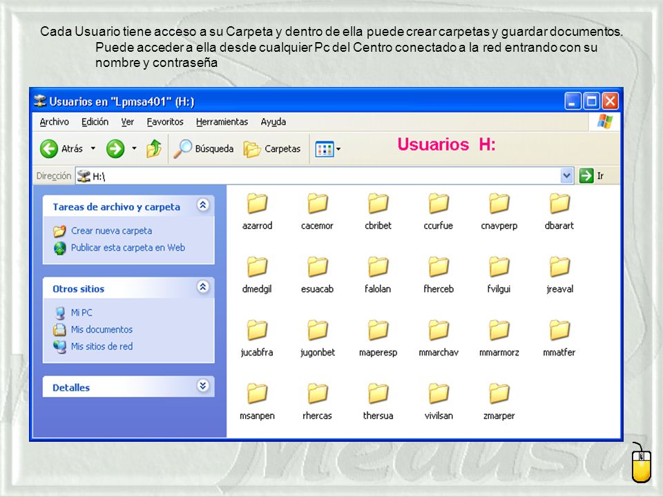 Cada Usuario tiene acceso a su Carpeta y dentro de ella puede crear carpetas y guardar documentos.