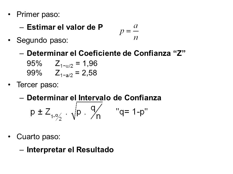 Primer paso: Estimar el valor de P. Segundo paso: Determinar el Coeficiente de Confianza Z 95% Z1−a/2 = 1,96.