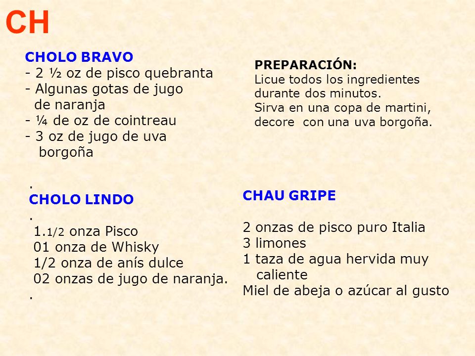 CH CHOLO BRAVO - 2 ½ oz de pisco quebranta - Algunas gotas de jugo