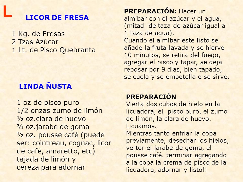 L LICOR DE FRESA. 1 Kg. de Fresas 2 Tzas Azúcar 1 Lt. de Pisco Quebranta.