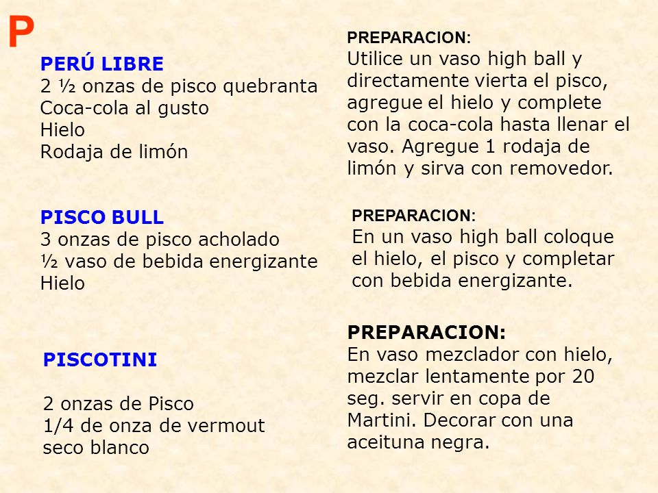 P PERÚ LIBRE 2 ½ onzas de pisco quebranta Coca-cola al gusto Hielo