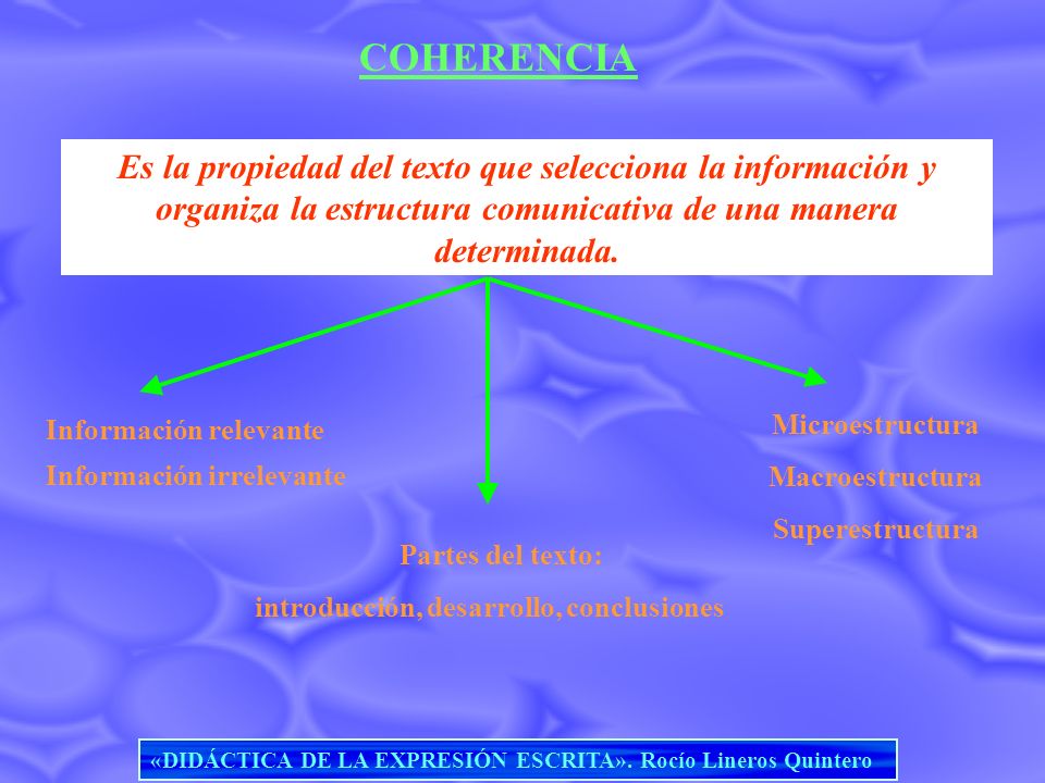 COHERENCIA Es la propiedad del texto que selecciona la información y organiza la estructura comunicativa de una manera determinada.