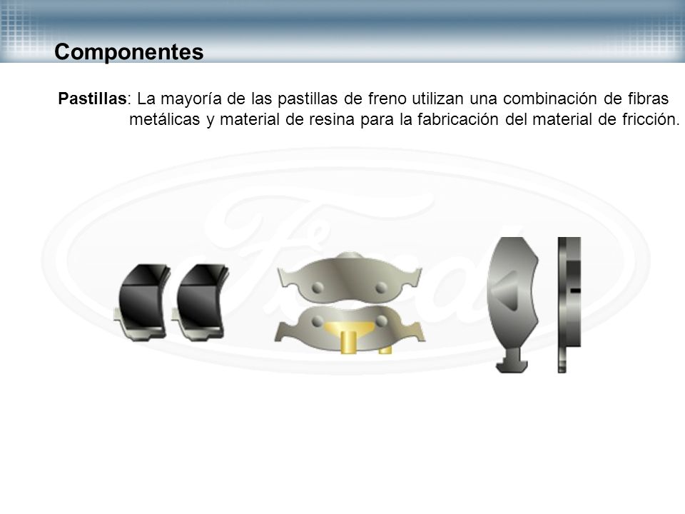 Componentes Pastillas: La mayoría de las pastillas de freno utilizan una combinación de fibras.