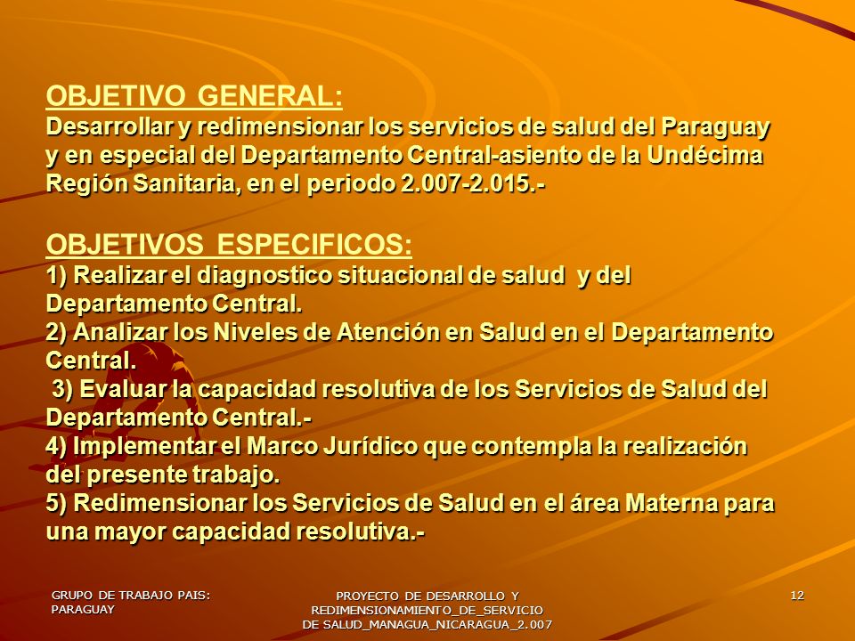 OBJETIVO GENERAL: Desarrollar y redimensionar los servicios de salud del Paraguay y en especial del Departamento Central-asiento de la Undécima Región Sanitaria, en el periodo OBJETIVOS ESPECIFICOS: 1) Realizar el diagnostico situacional de salud y del Departamento Central. 2) Analizar los Niveles de Atención en Salud en el Departamento Central. 3) Evaluar la capacidad resolutiva de los Servicios de Salud del Departamento Central.- 4) Implementar el Marco Jurídico que contempla la realización del presente trabajo. 5) Redimensionar los Servicios de Salud en el área Materna para una mayor capacidad resolutiva.-