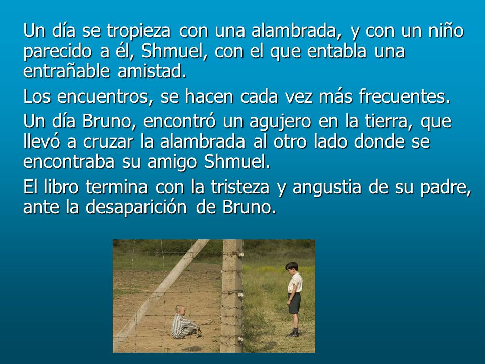 Un día se tropieza con una alambrada, y con un niño parecido a él, Shmuel, con el que entabla una entrañable amistad.