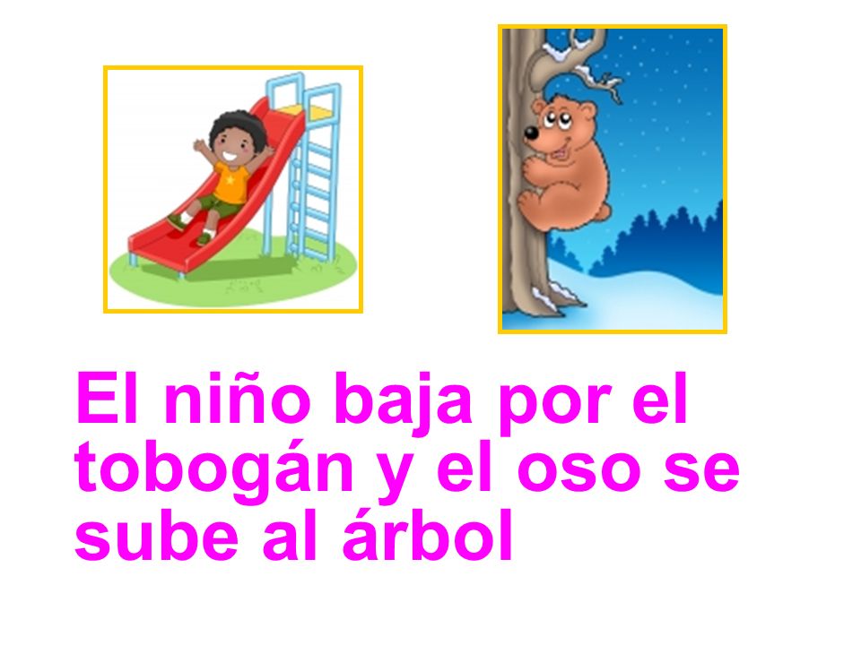 El niño baja por el tobogán y el oso se sube al árbol