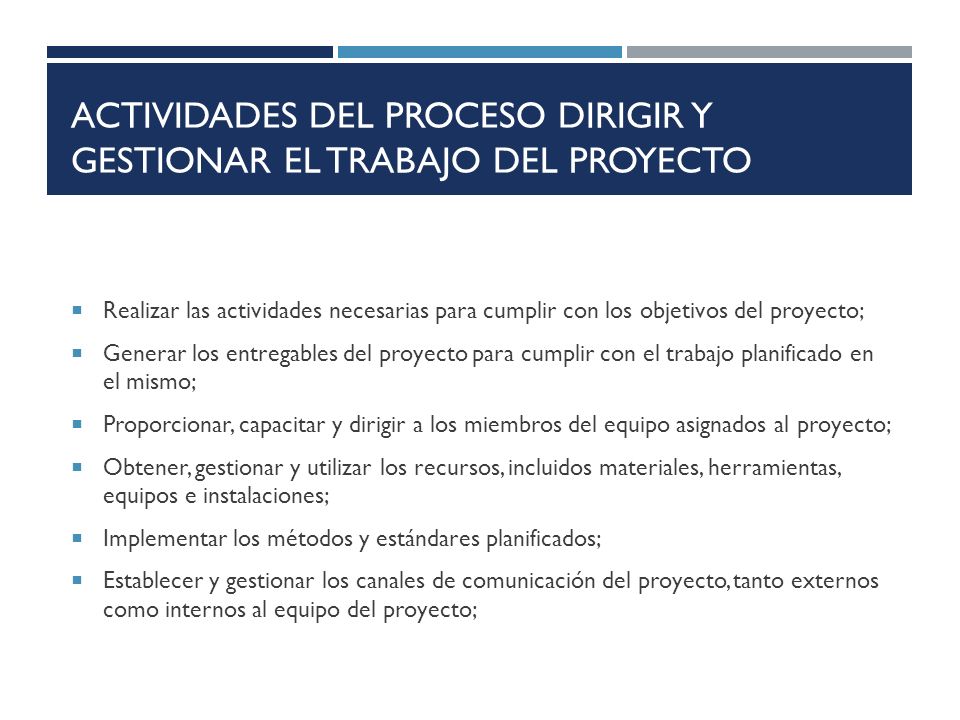 actividades del proceso Dirigir y Gestionar el Trabajo del Proyecto