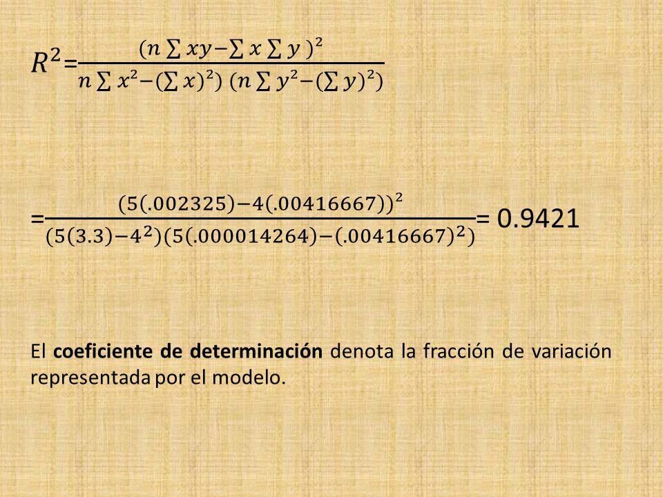 𝑅 2 = (𝑛 𝑥𝑦− 𝑥 𝑦 )² 𝑛 𝑥²−( 𝑥 ) ²) (𝑛 𝑦²−( 𝑦 )²)