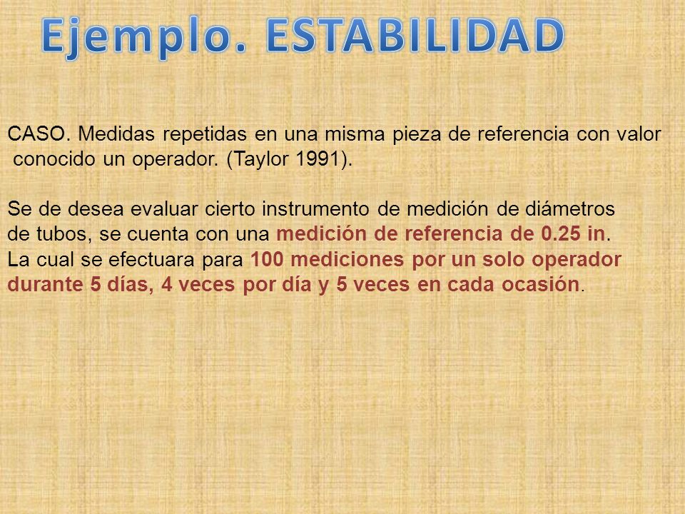 Ejemplo. ESTABILIDAD CASO. Medidas repetidas en una misma pieza de referencia con valor. conocido un operador. (Taylor 1991).
