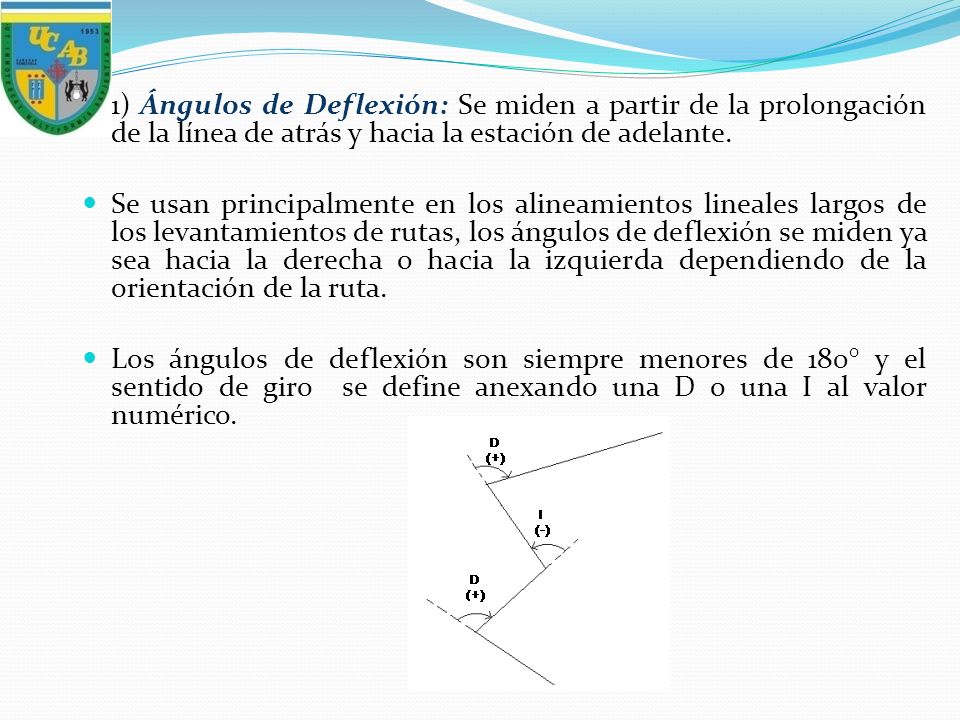 1) Ángulos de Deflexión: Se miden a partir de la prolongación de la línea de atrás y hacia la estación de adelante.