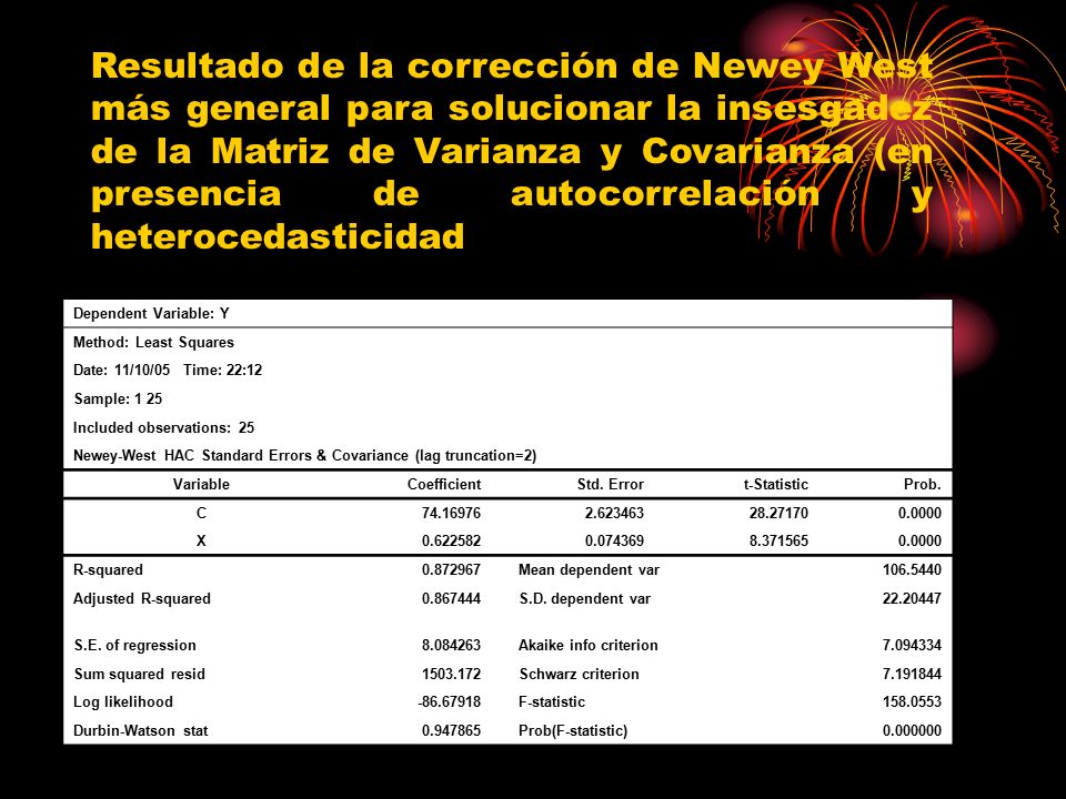 Resultado de la corrección de Newey West más general para solucionar la insesgadez de la Matriz de Varianza y Covarianza (en presencia de autocorrelación y heterocedasticidad