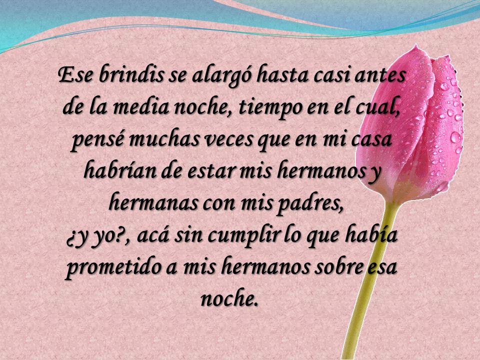 Ese brindis se alargó hasta casi antes de la media noche, tiempo en el cual, pensé muchas veces que en mi casa habrían de estar mis hermanos y hermanas con mis padres,