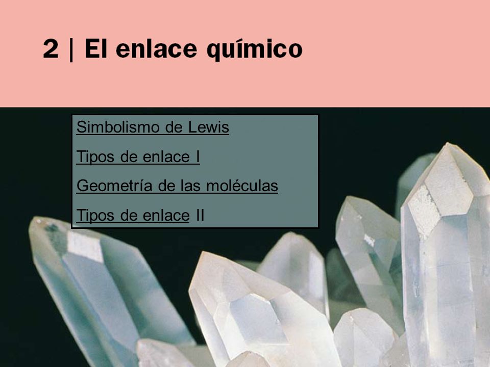 Simbolismo de Lewis Tipos de enlace I Geometría de las moléculas Tipos de enlace II