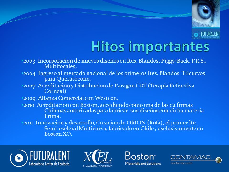 Hitos importantes 2003 Incorporacion de nuevos diseños en ltes. Blandos, Piggy-Back, P.R.S., Multifocales.
