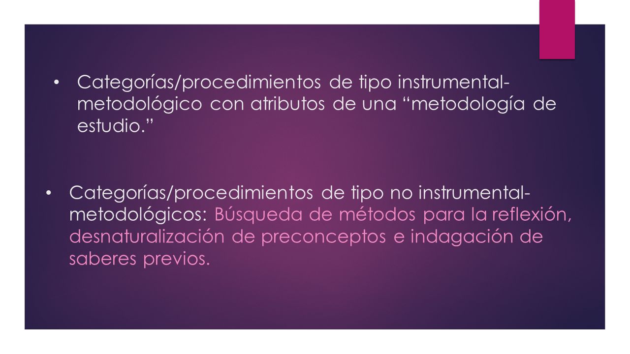 Categorías/procedimientos de tipo instrumental-metodológico con atributos de una metodología de estudio.