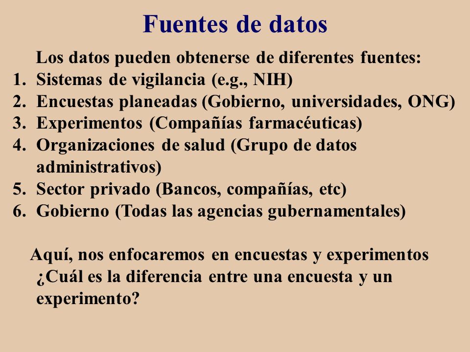 Fuentes de datos Los datos pueden obtenerse de diferentes fuentes: