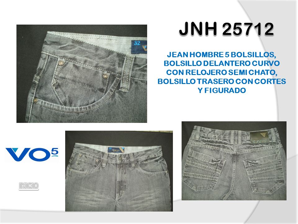 JNH JEAN HOMBRE 5 BOLSILLOS, BOLSILLO DELANTERO CURVO CON RELOJERO SEMI CHATO, BOLSILLO TRASERO CON CORTES Y FIGURADO.
