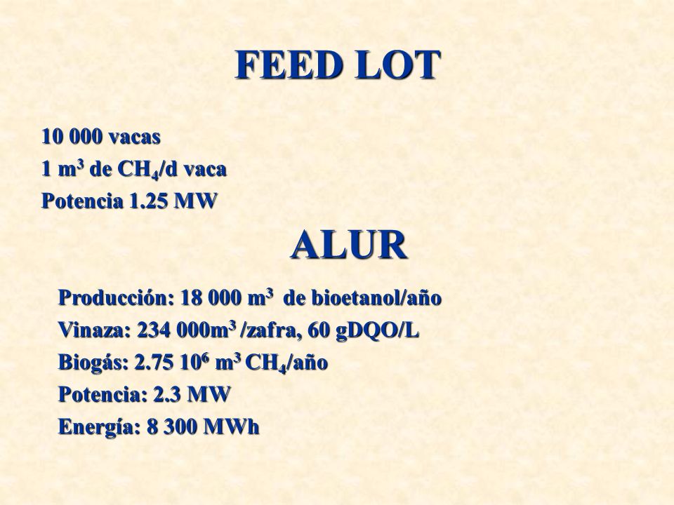 FEED LOT ALUR vacas 1 m3 de CH4/d vaca Potencia 1.25 MW