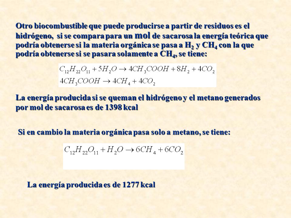 Otro biocombustible que puede producirse a partir de residuos es el hidrógeno, si se compara para un mol de sacarosa la energía teórica que podría obtenerse si la materia orgánica se pasa a H2 y CH4 con la que podría obtenerse si se pasara solamente a CH4, se tiene: